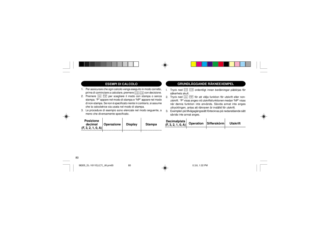 Sharp EL-1611E operation manual Esempi DI Calcolo, Grundläggande Räkneexempel, 2, 1, 0, a 