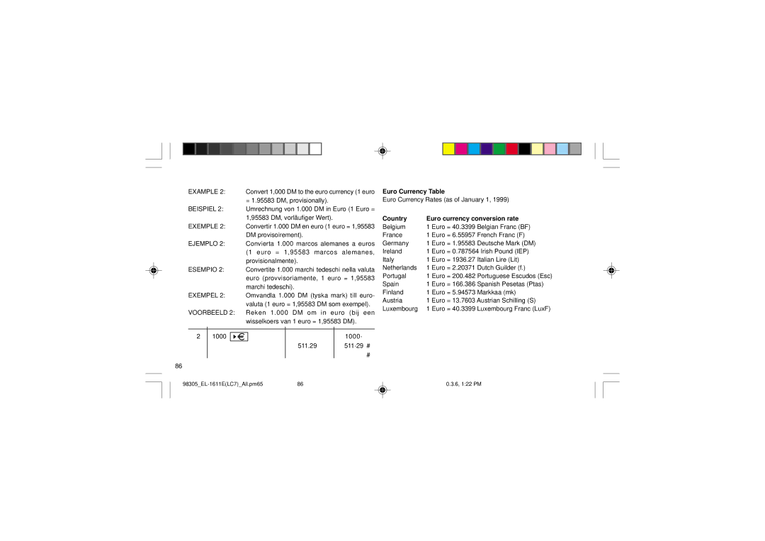 Sharp EL-1611E operation manual Euro Currency Table, Country Euro currency conversion rate 