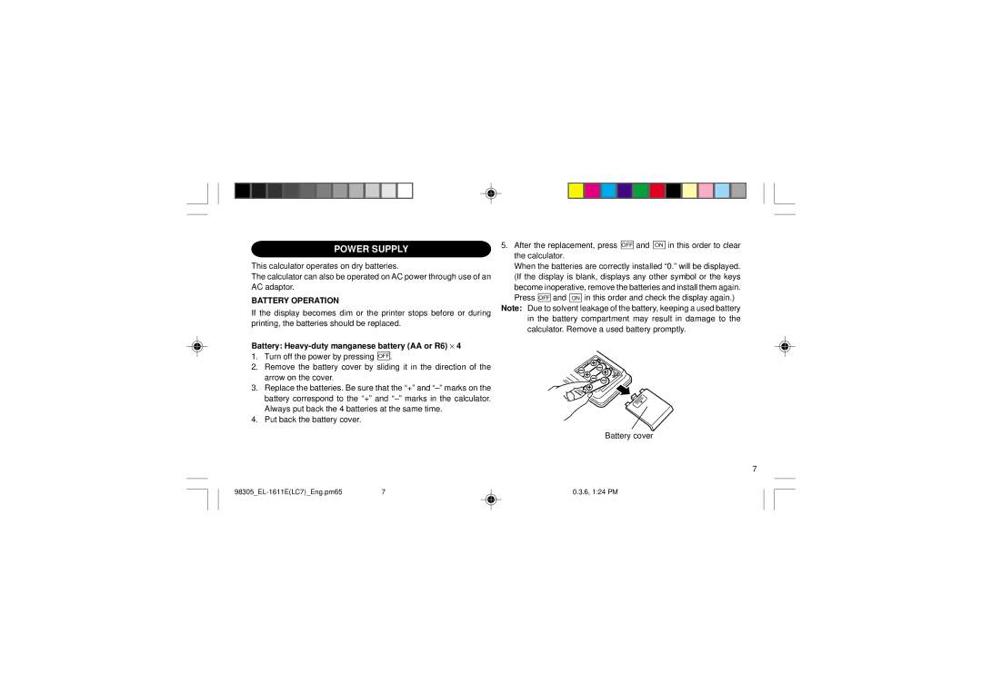 Sharp EL-1611E operation manual Power Supply, Battery Operation, Battery Heavy-duty manganese battery AA or R6 ⋅ 