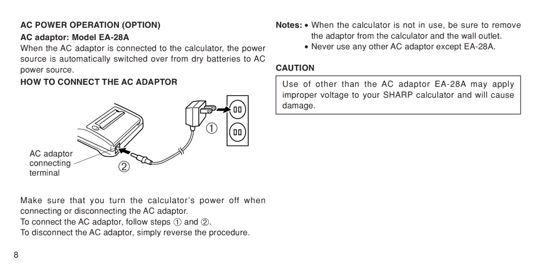 Sharp EL-1611P operation manual AC Power Operation Option, AC adaptor Model EA-28A, HOW to Connect the AC Adaptor 