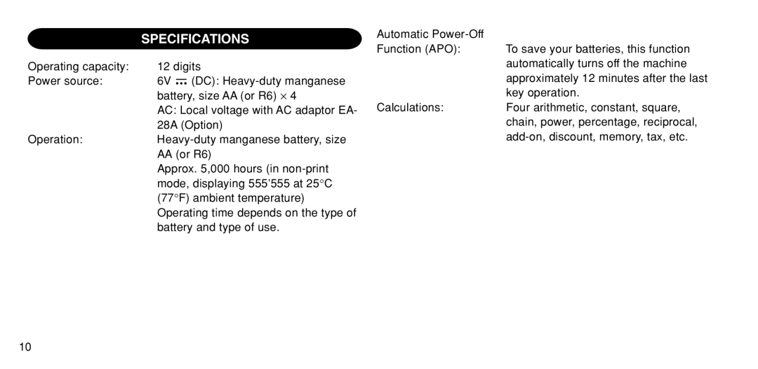 Sharp EL-1611P operation manual Specifications 