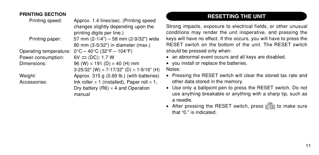 Sharp EL-1611P operation manual Resetting the Unit, Printing Section 