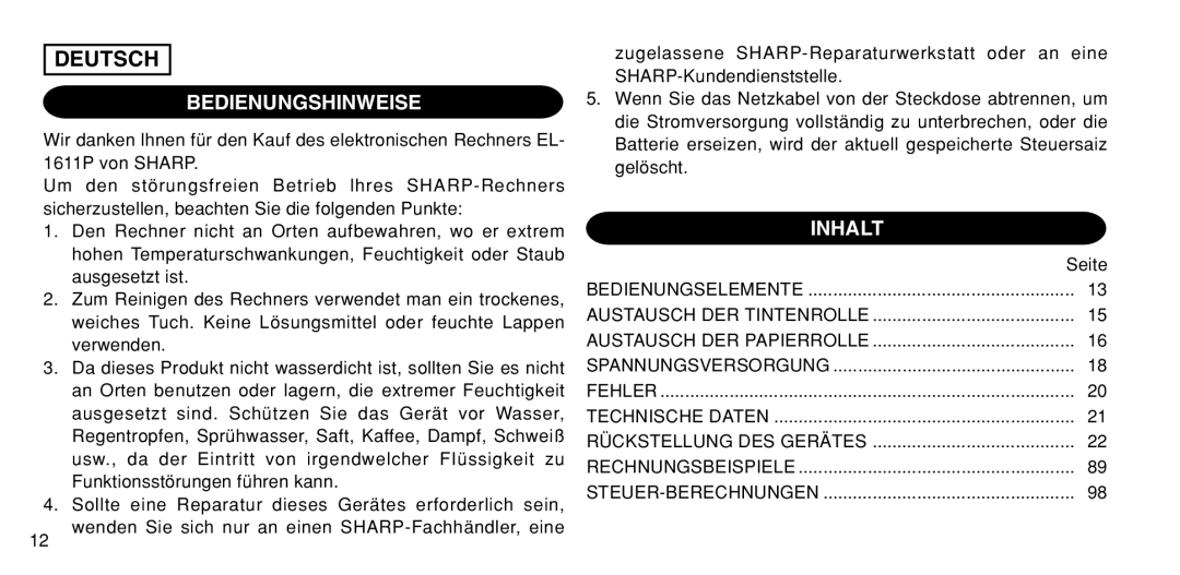 Sharp EL-1611P operation manual Bedienungshinweise, Inhalt 