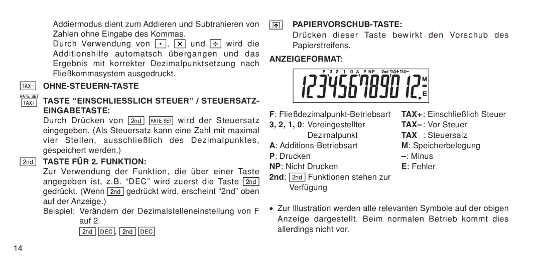 Sharp EL-1611P operation manual Taste FÜR 2. Funktion, Papiervorschub-Taste, Anzeigeformat 