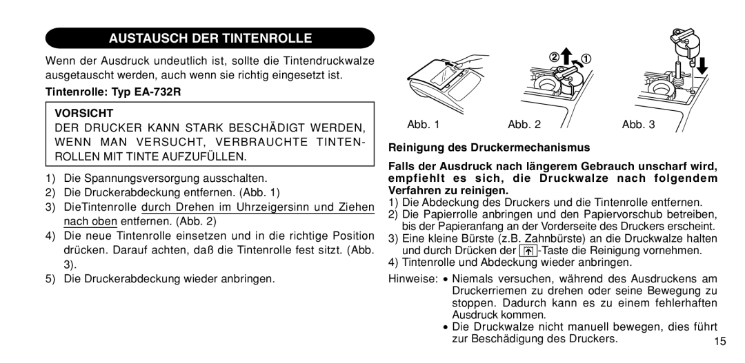 Sharp EL-1611P operation manual Austausch DER Tintenrolle, Tintenrolle Typ EA-732R, Vorsicht 