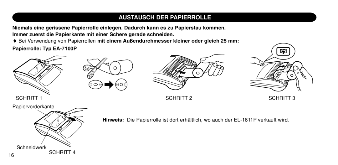 Sharp EL-1611P operation manual Austausch DER Papierrolle, Schritt 