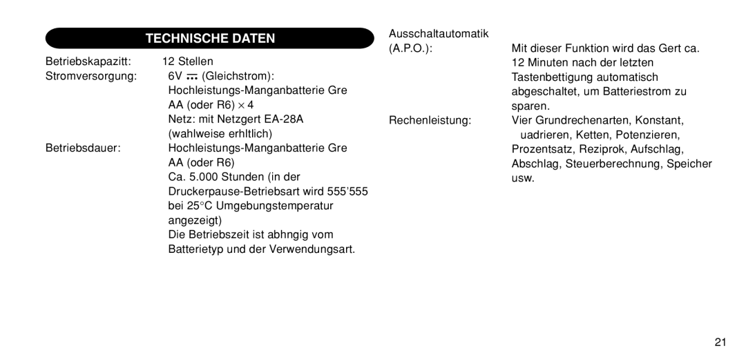 Sharp EL-1611P operation manual Technische Daten 