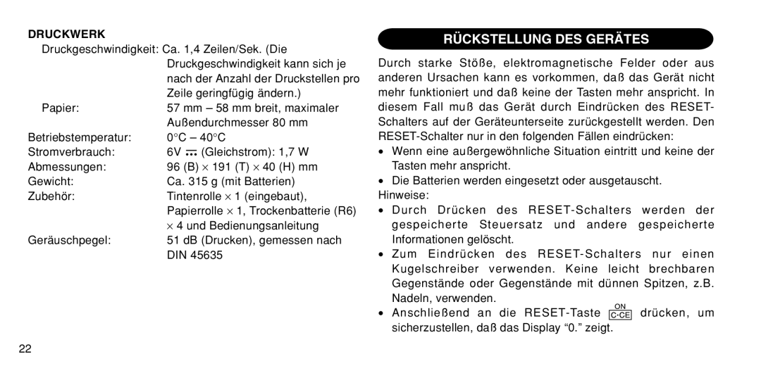 Sharp EL-1611P operation manual Rückstellung DES Gerätes, Druckwerk 