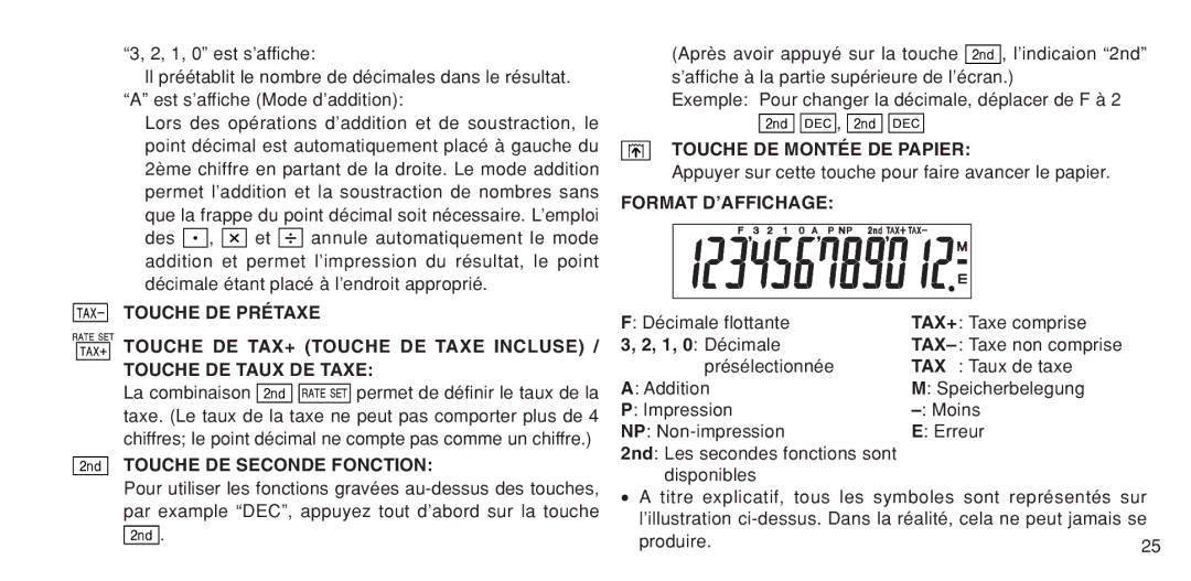 Sharp EL-1611P operation manual Touche DE Seconde Fonction, Touche DE Montée DE Papier, Format D’AFFICHAGE, 1, 0 Décimale 