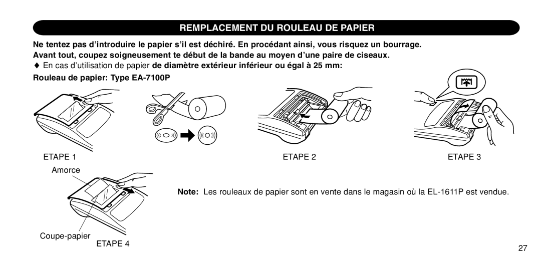 Sharp EL-1611P operation manual Remplacement DU Rouleau DE Papier, Etape 