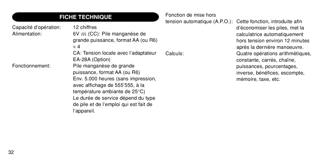 Sharp EL-1611P operation manual Fiche Technique 