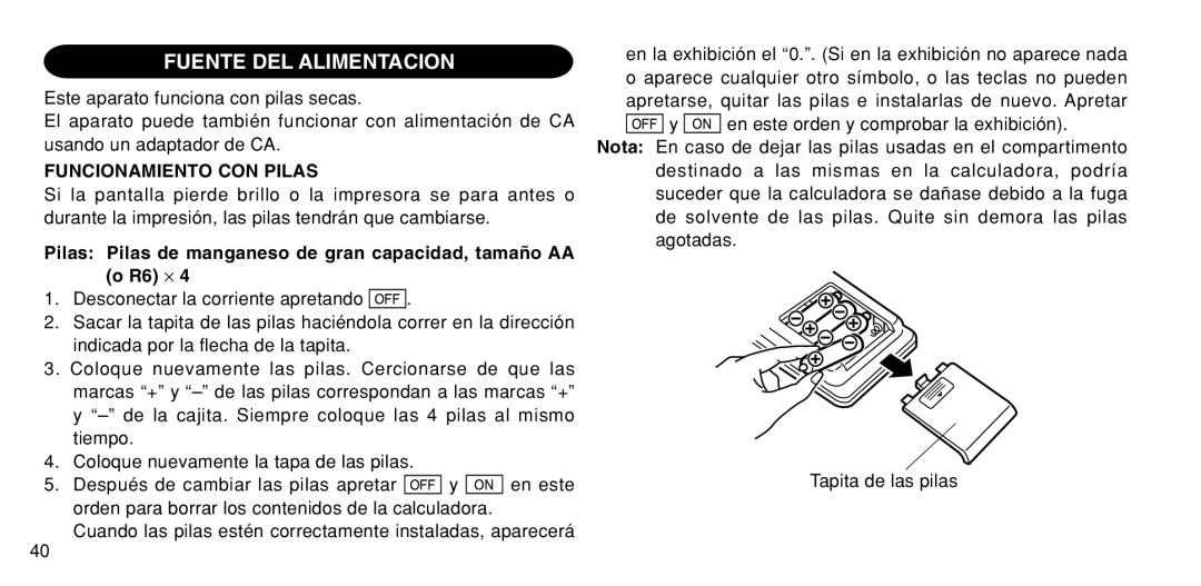 Sharp EL-1611P operation manual Fuente DEL Alimentacion, Funcionamiento CON Pilas 