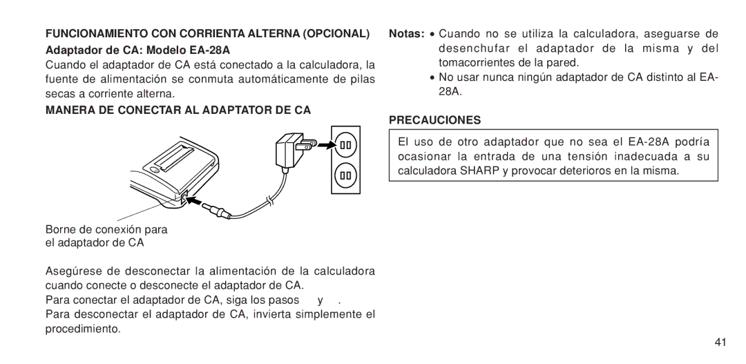 Sharp EL-1611P operation manual Funcionamiento CON Corrienta Alterna Opcional, Adaptador de CA Modelo EA-28A, Precauciones 