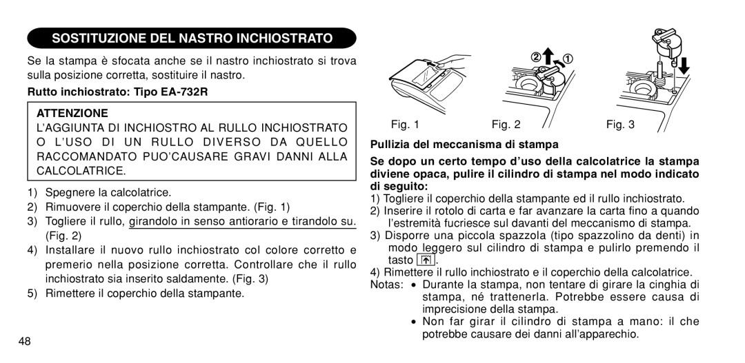 Sharp EL-1611P operation manual Sostituzione DEL Nastro Inchiostrato, Rutto inchiostrato Tipo EA-732R, Attenzione 