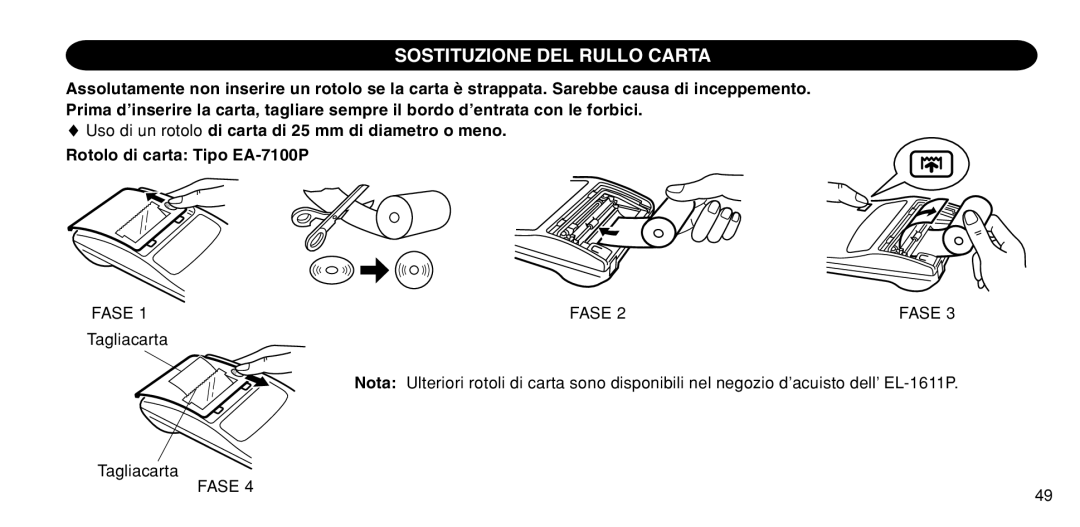 Sharp EL-1611P operation manual Sostituzione DEL Rullo Carta, Fase 