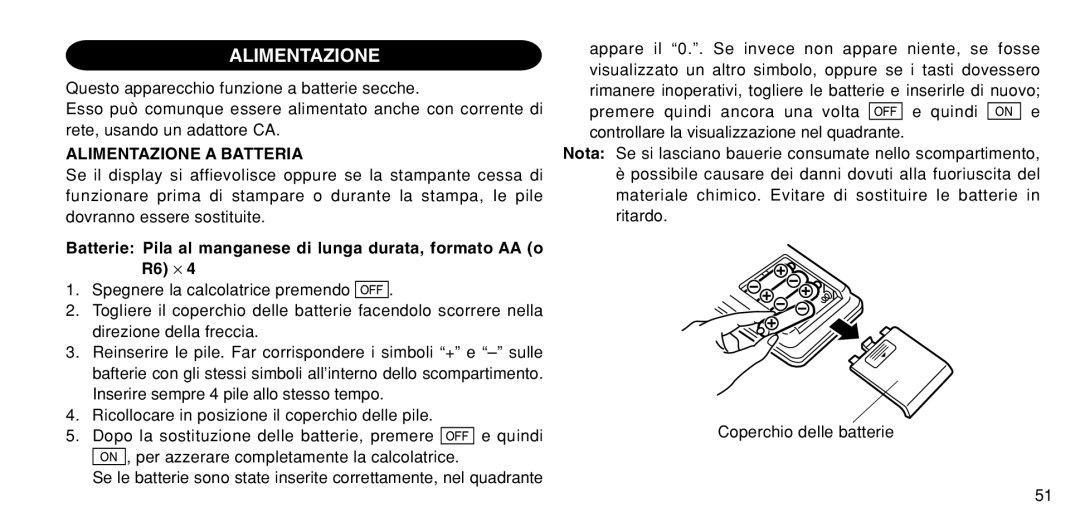 Sharp EL-1611P operation manual Alimentazione a Batteria 