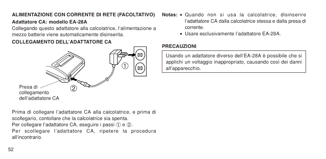 Sharp EL-1611P operation manual Alimentazione CON Corrente DI Rete Facoltativo, Adattatore CA modello EA-28A, Precauzioni 