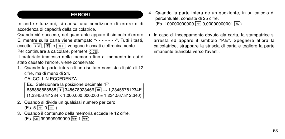 Sharp EL-1611P operation manual Errori, Calcoli in Eccedenza 