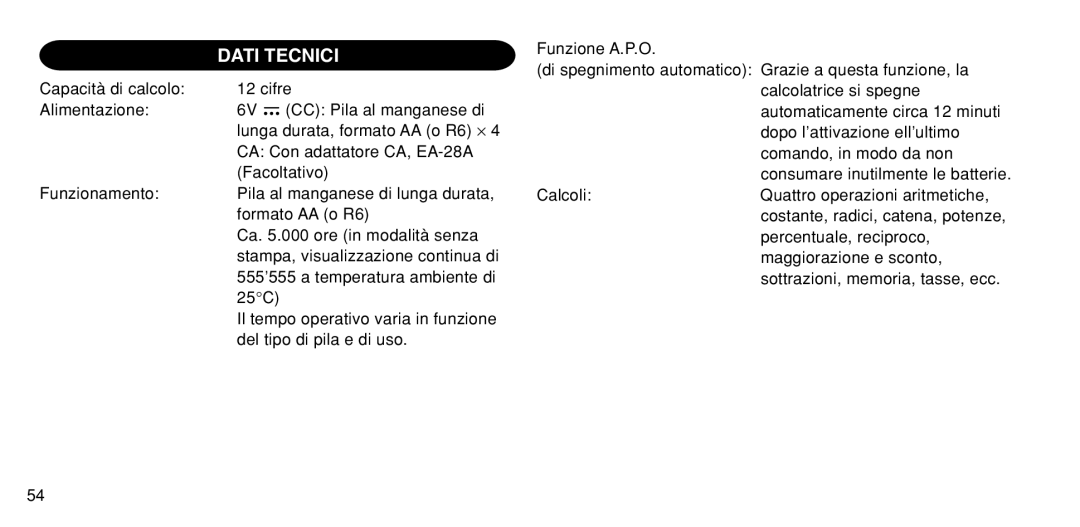 Sharp EL-1611P operation manual Dati Tecnici 