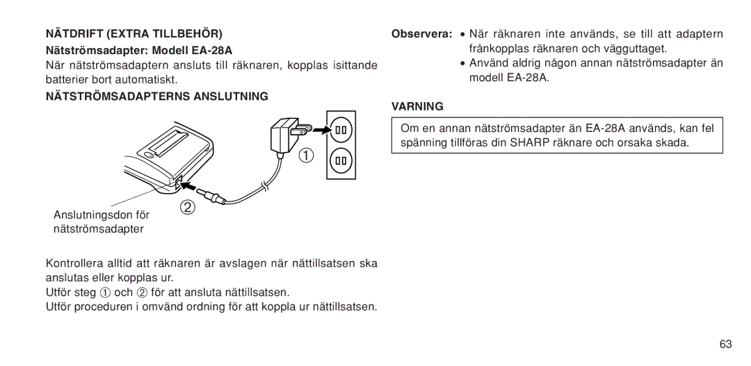 Sharp EL-1611P operation manual Nätdrift Extra Tillbehör, Nätströmsadapter Modell EA-28A, Nätströmsadapterns Anslutning 