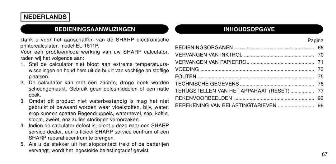 Sharp EL-1611P operation manual Bedieningsaanwijzingen Inhoudsopgave 