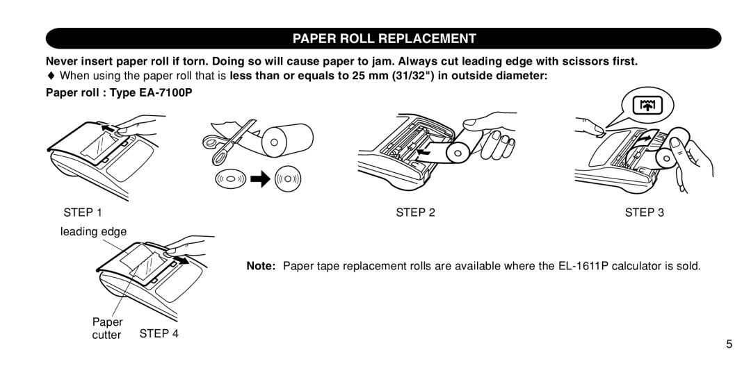 Sharp EL-1611P operation manual Paper Roll Replacement, Step 