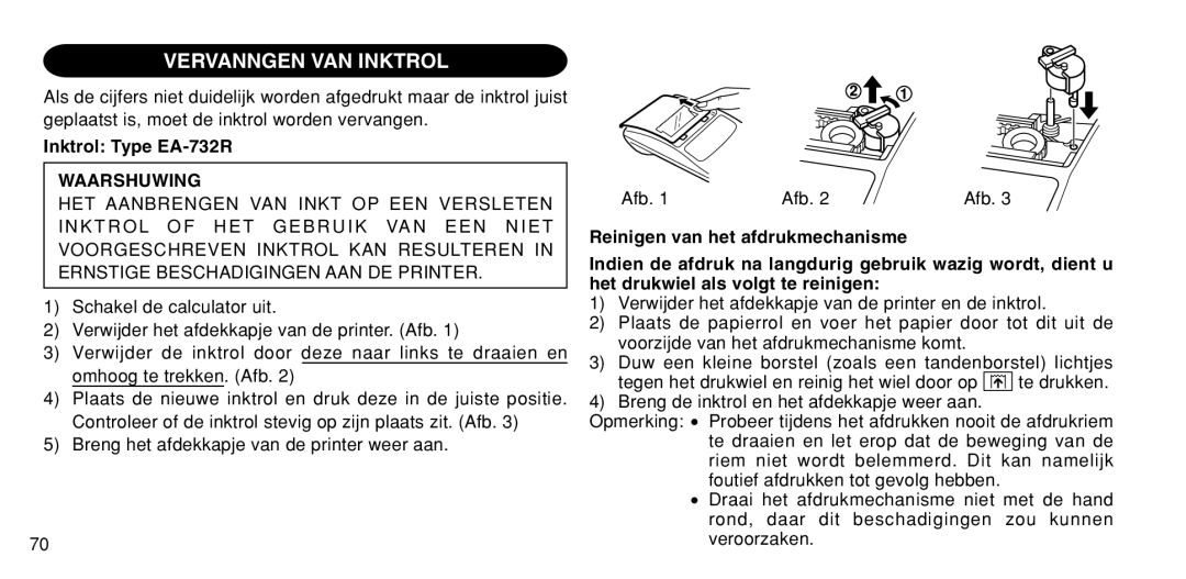 Sharp EL-1611P operation manual Vervanngen VAN Inktrol, Inktrol Type EA-732R, Waarshuwing 