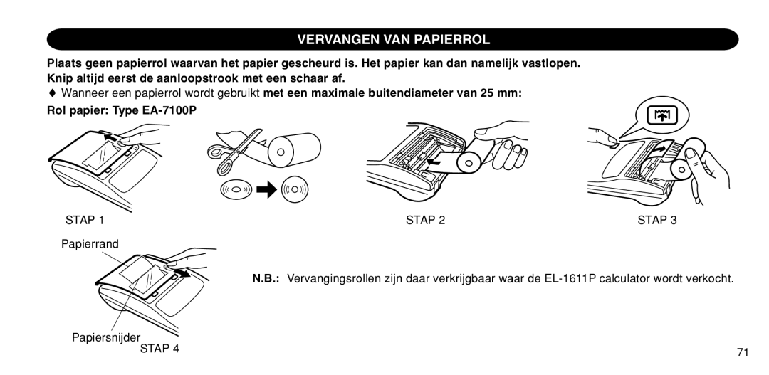 Sharp EL-1611P operation manual Vervangen VAN Papierrol, Stap 