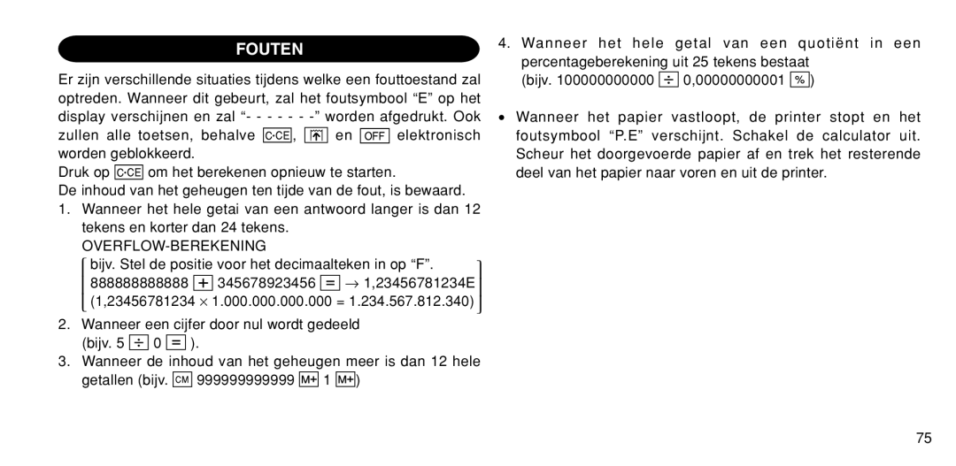 Sharp EL-1611P operation manual Fouten, Overflow-Berekening 