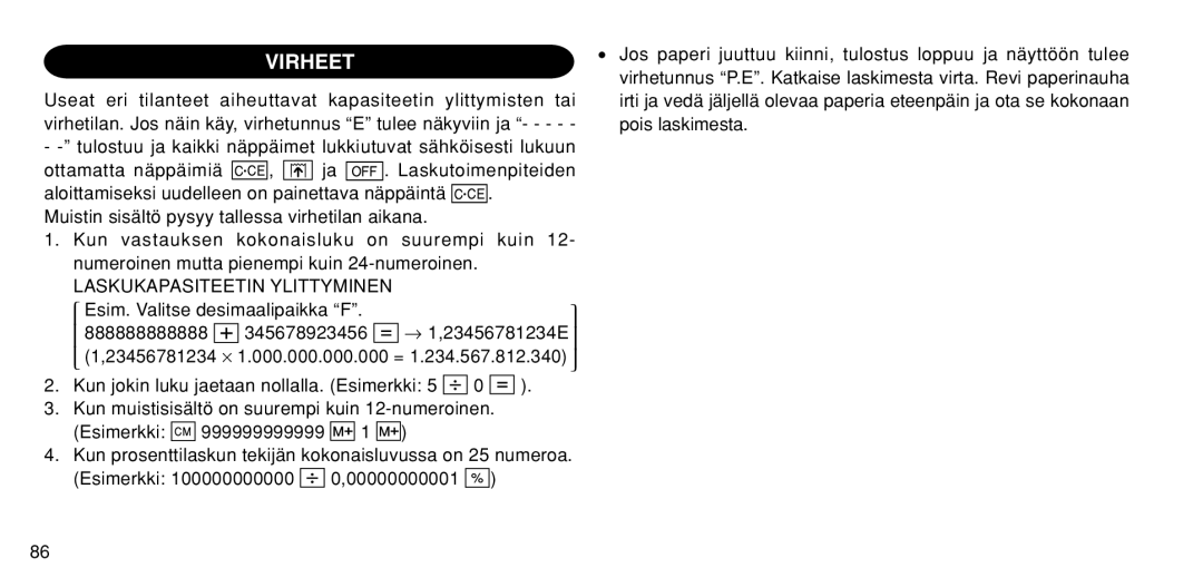 Sharp EL-1611P operation manual Virheet, Laskukapasiteetin Ylittyminen 