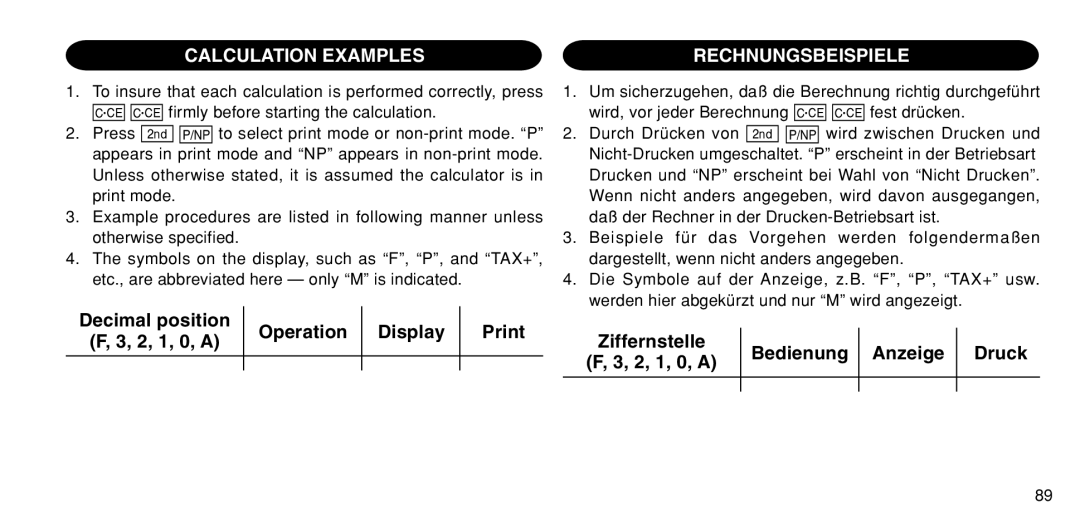 Sharp EL-1611P operation manual Calculation Examples, Rechnungsbeispiele 