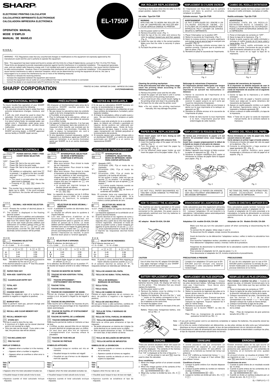 Sharp EL-1750P operation manual INK Roller Replacement, Operational Notes Précautions Notas AL Manejarla, LES Commandes 