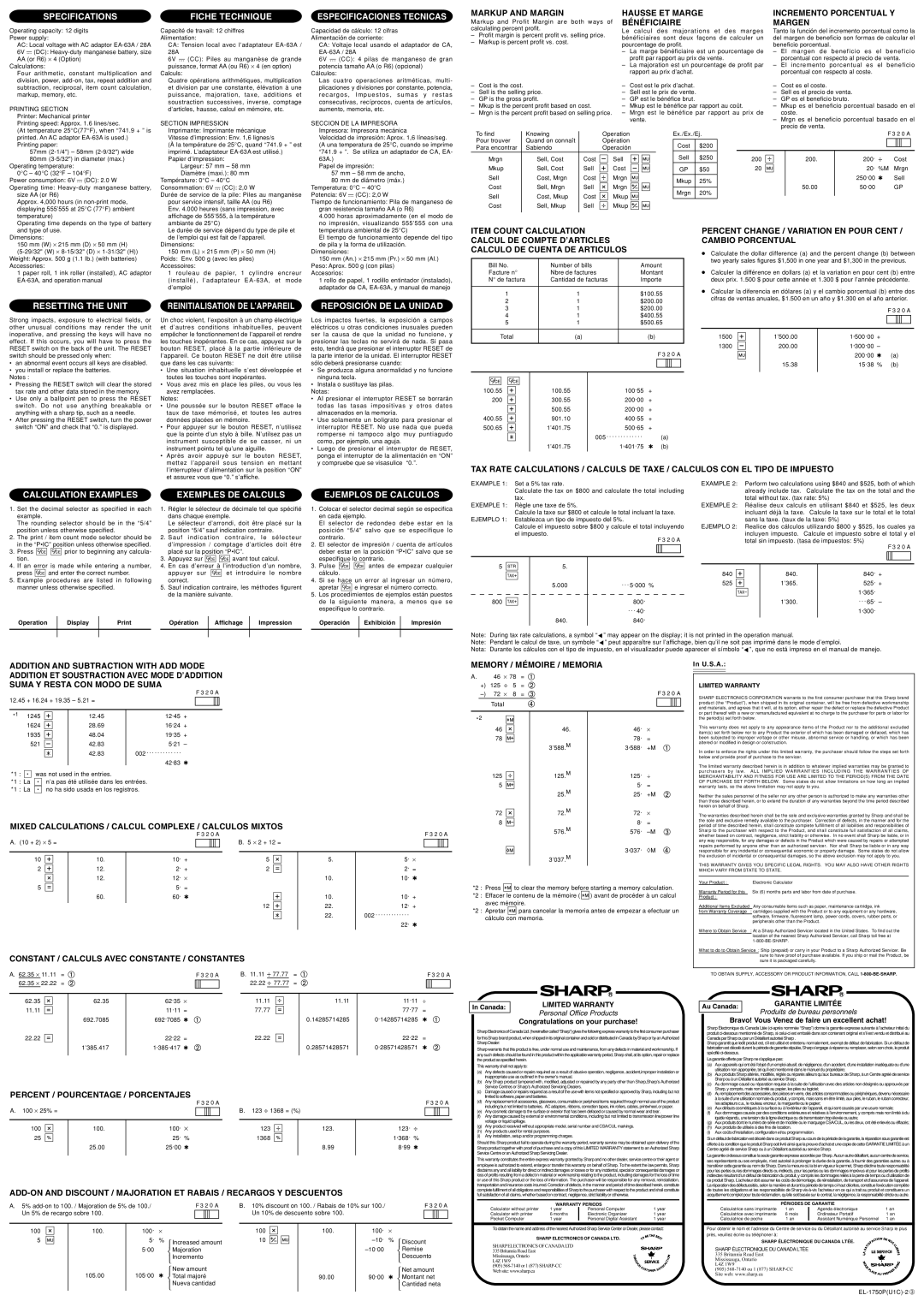 Sharp EL-1750P Specifications Fiche Technique Especificaciones Tecnicas, Resetting the Unit, Reposición DE LA Unidad 