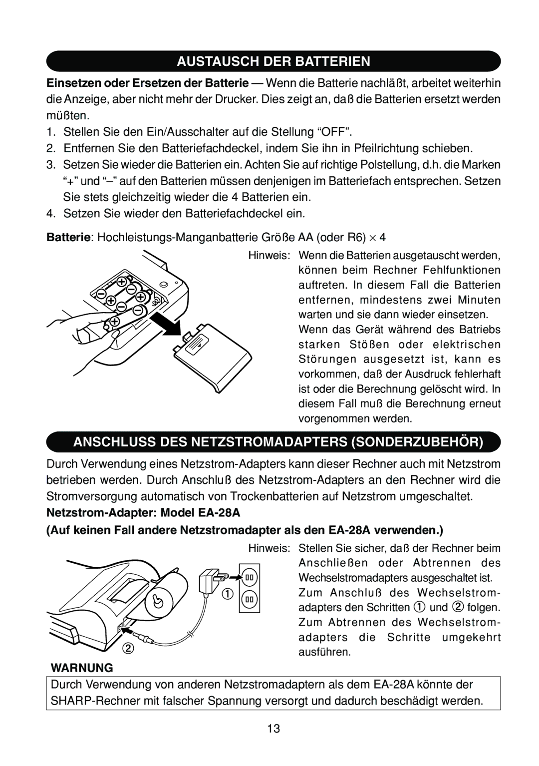 Sharp EL-1801C operation manual Austausch DER Batterien, Anschluss DES Netzstromadapters Sonderzubehör, Warnung 