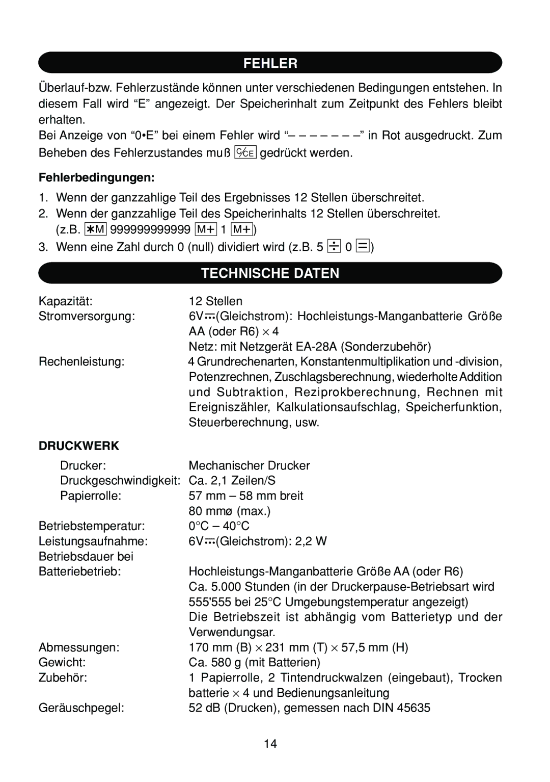 Sharp EL-1801C operation manual Technische Daten, Fehlerbedingungen, Druckwerk 