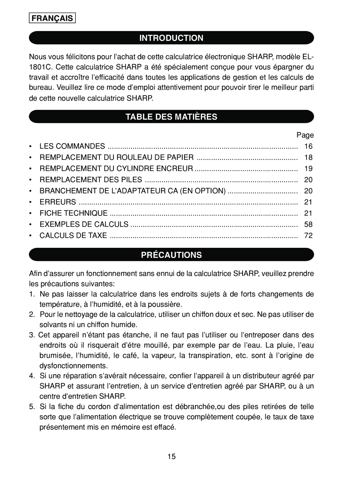 Sharp EL-1801C operation manual Table DES Matières, Précautions, Français 