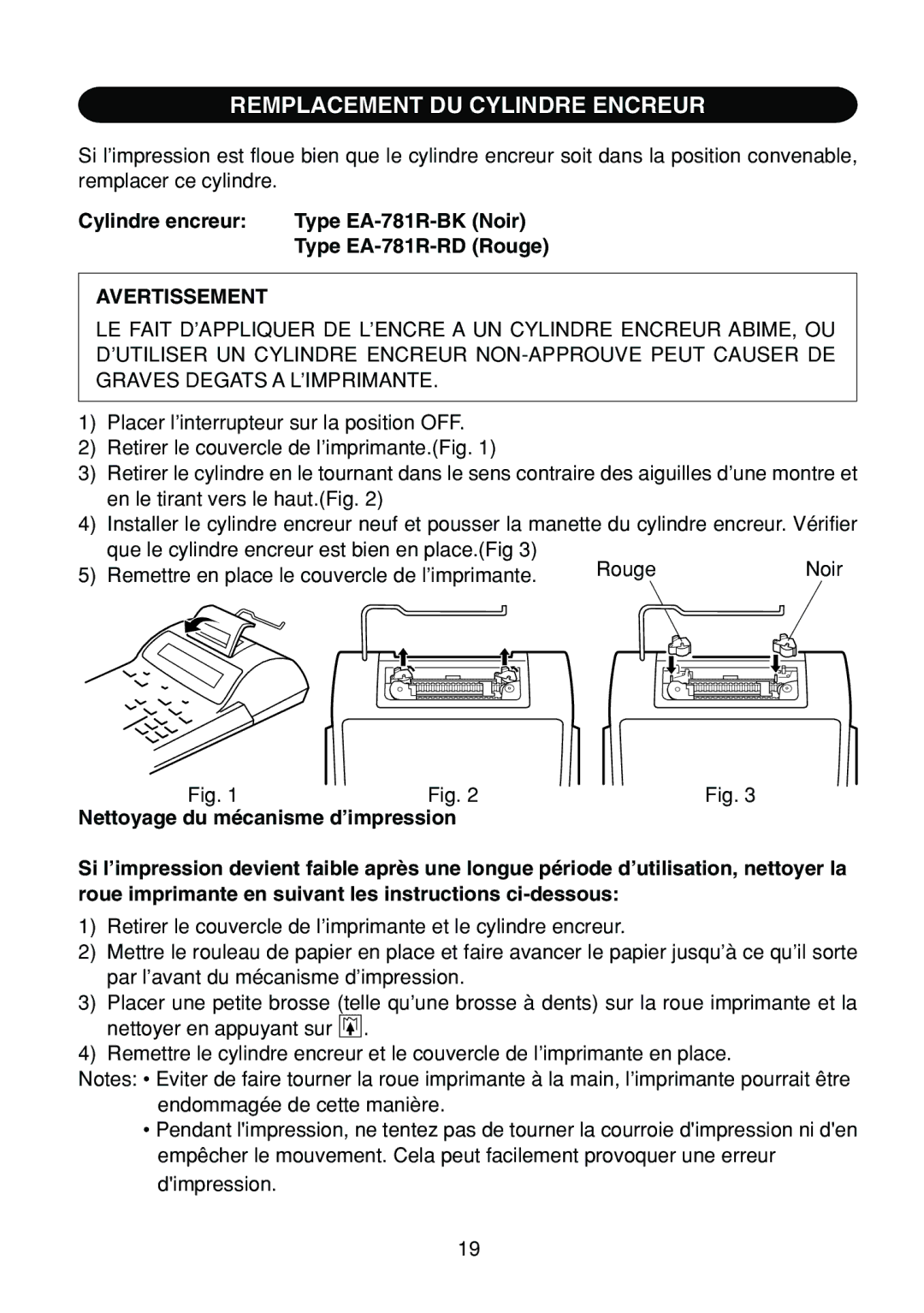 Sharp EL-1801C operation manual Remplacement DU Cylindre Encreur, Cylindre encreur Type EA-781R-BK Noir, Avertissement 