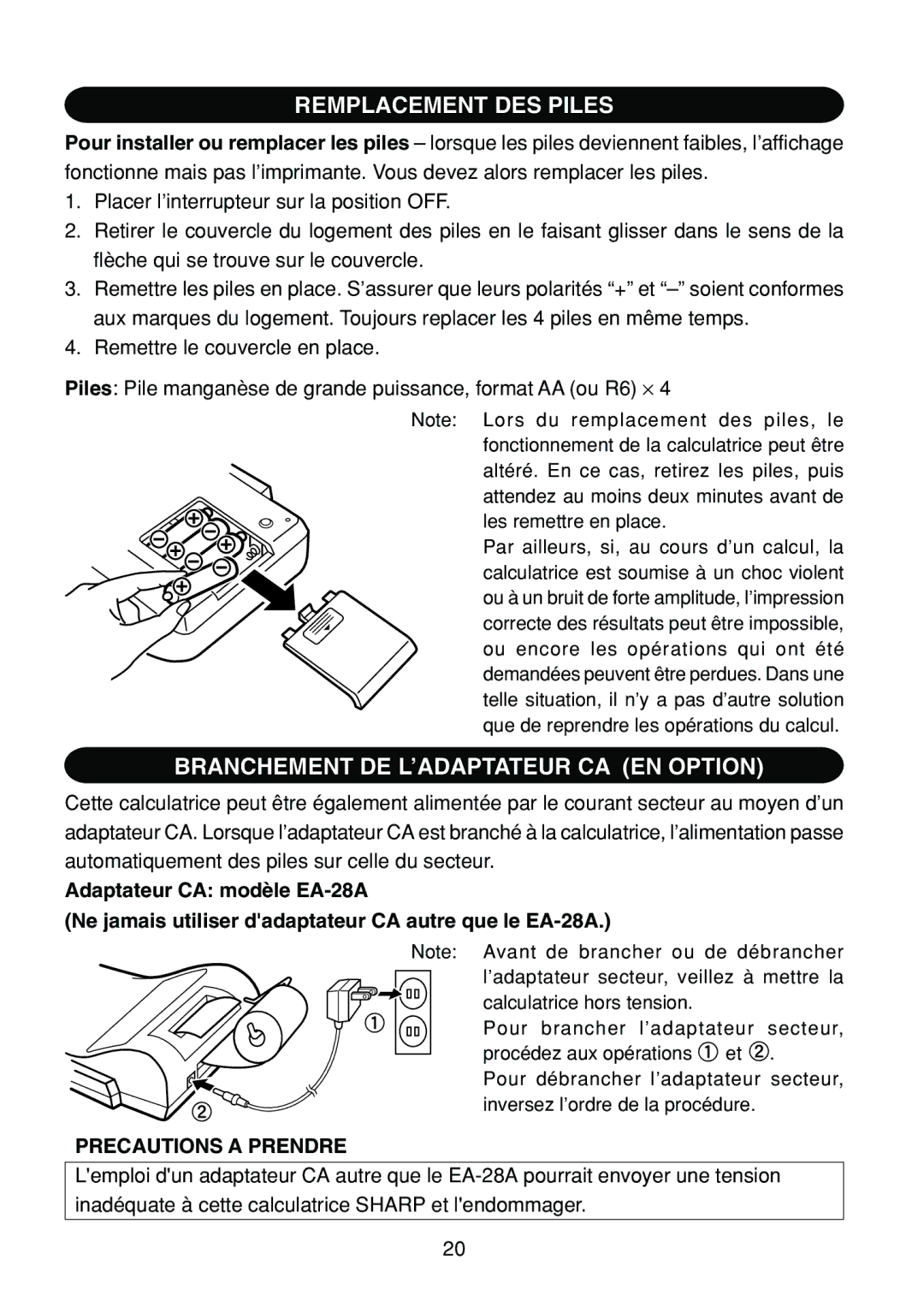 Sharp EL-1801C operation manual Remplacement DES Piles, Branchement DE L’ADAPTATEUR CA EN Option, Precautions a Prendre 