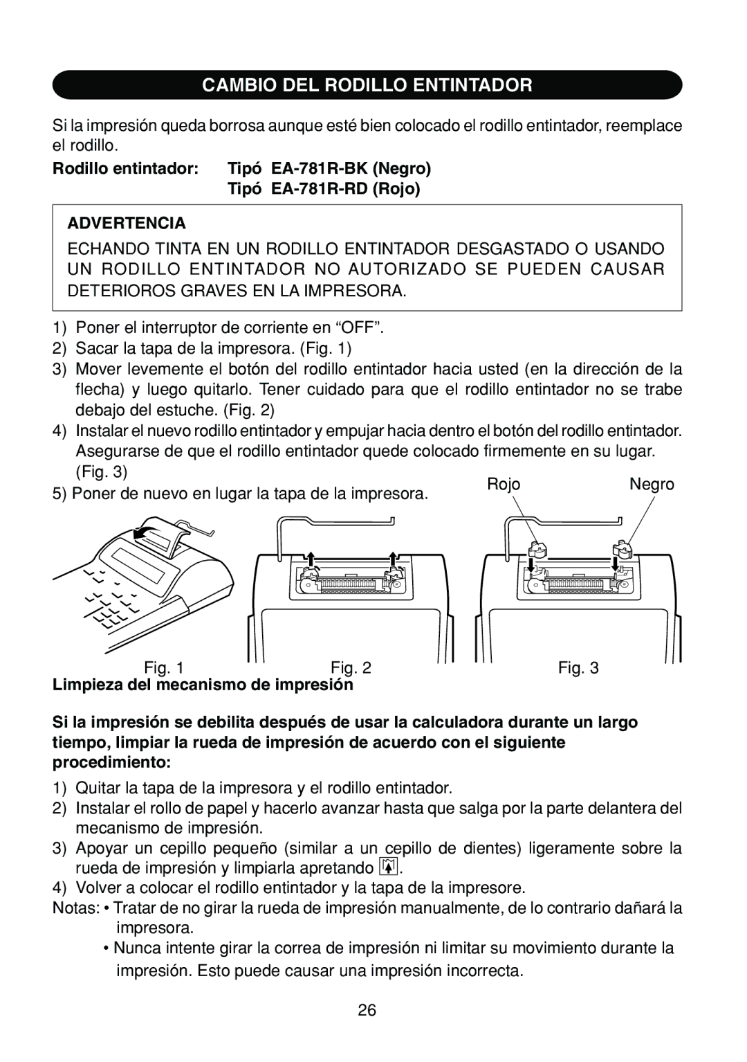 Sharp EL-1801C operation manual Cambio DEL Rodillo Entintador, Advertencia 