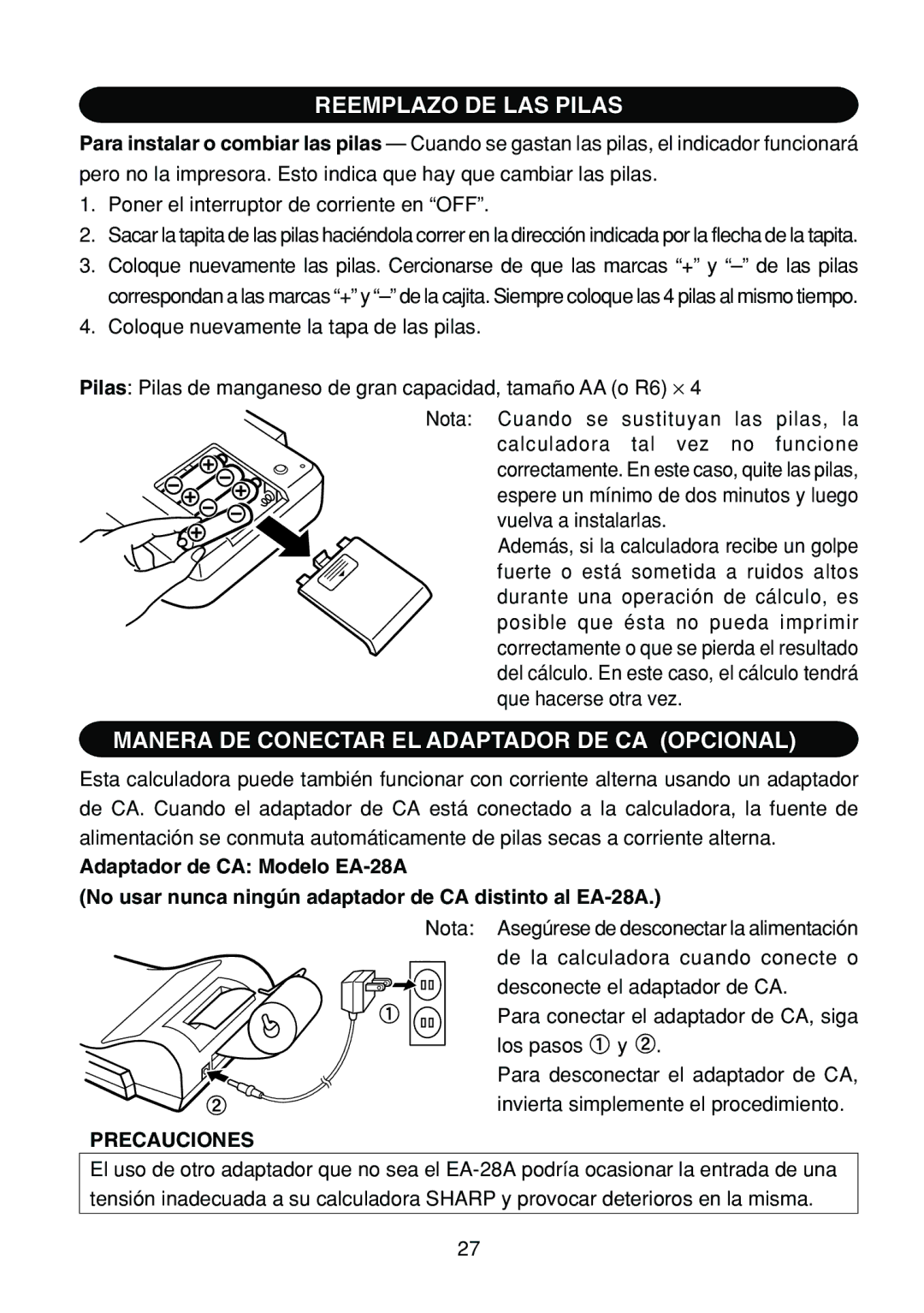 Sharp EL-1801C operation manual Reemplazo DE LAS Pilas, Manera DE Conectar EL Adaptador DE CA Opcional, Precauciones 