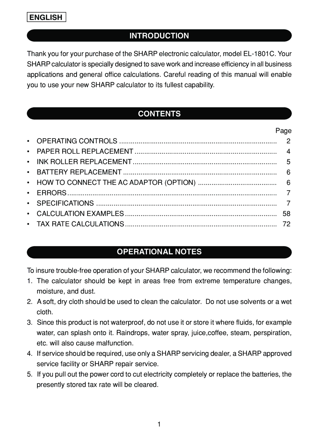 Sharp EL-1801C operation manual Introduction, Contents, Operational Notes 