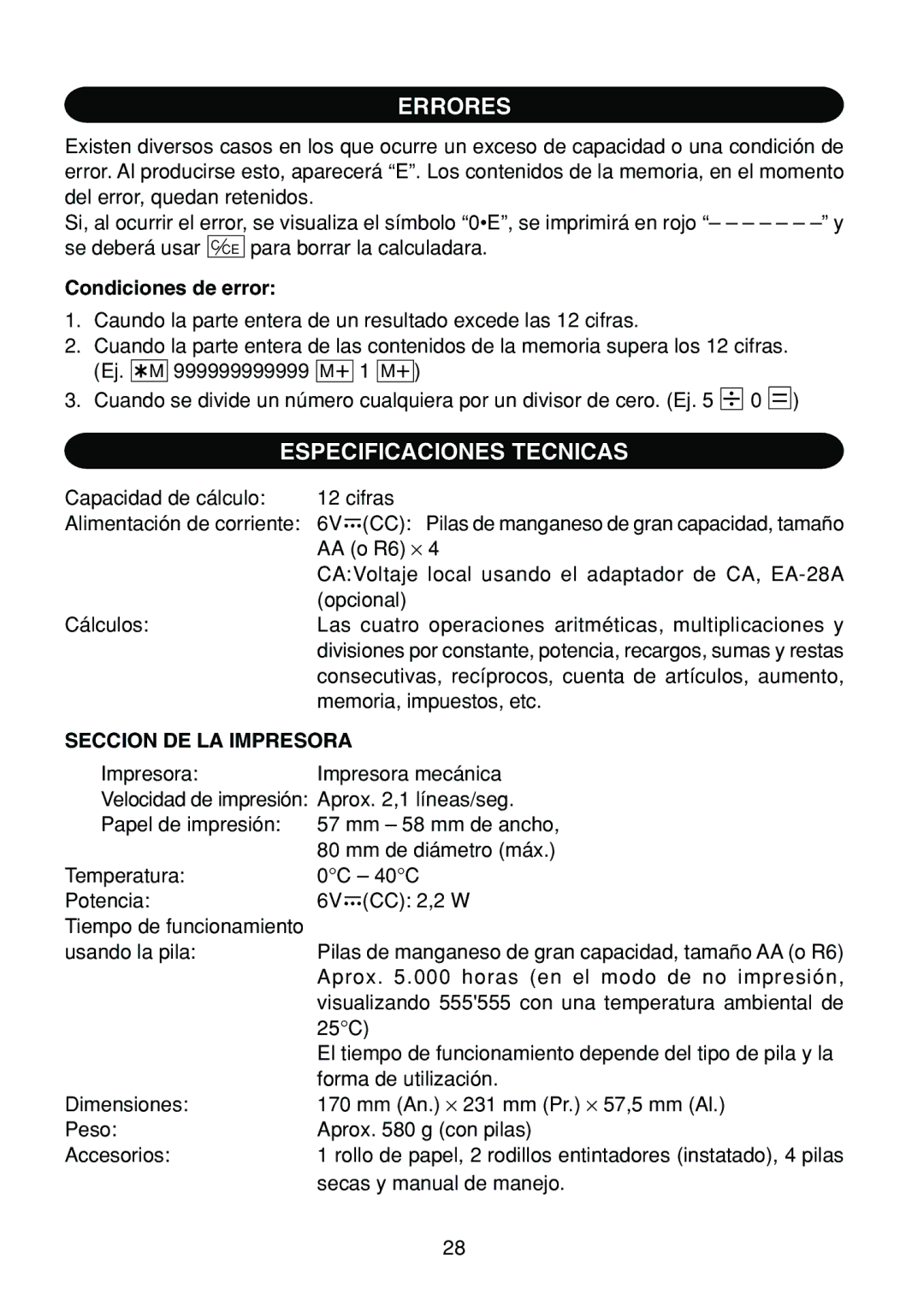 Sharp EL-1801C operation manual Errores, Especificaciones Tecnicas, Condiciones de error, Seccion DE LA Impresora 