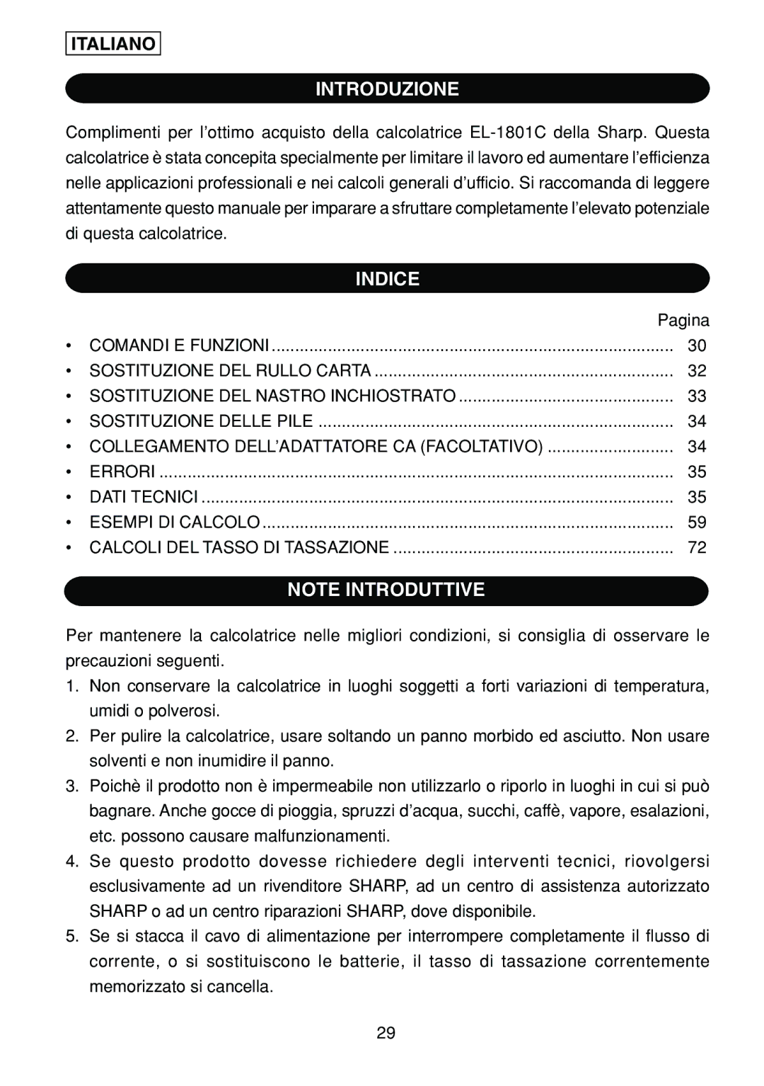 Sharp EL-1801C operation manual Introduzione, Italiano 