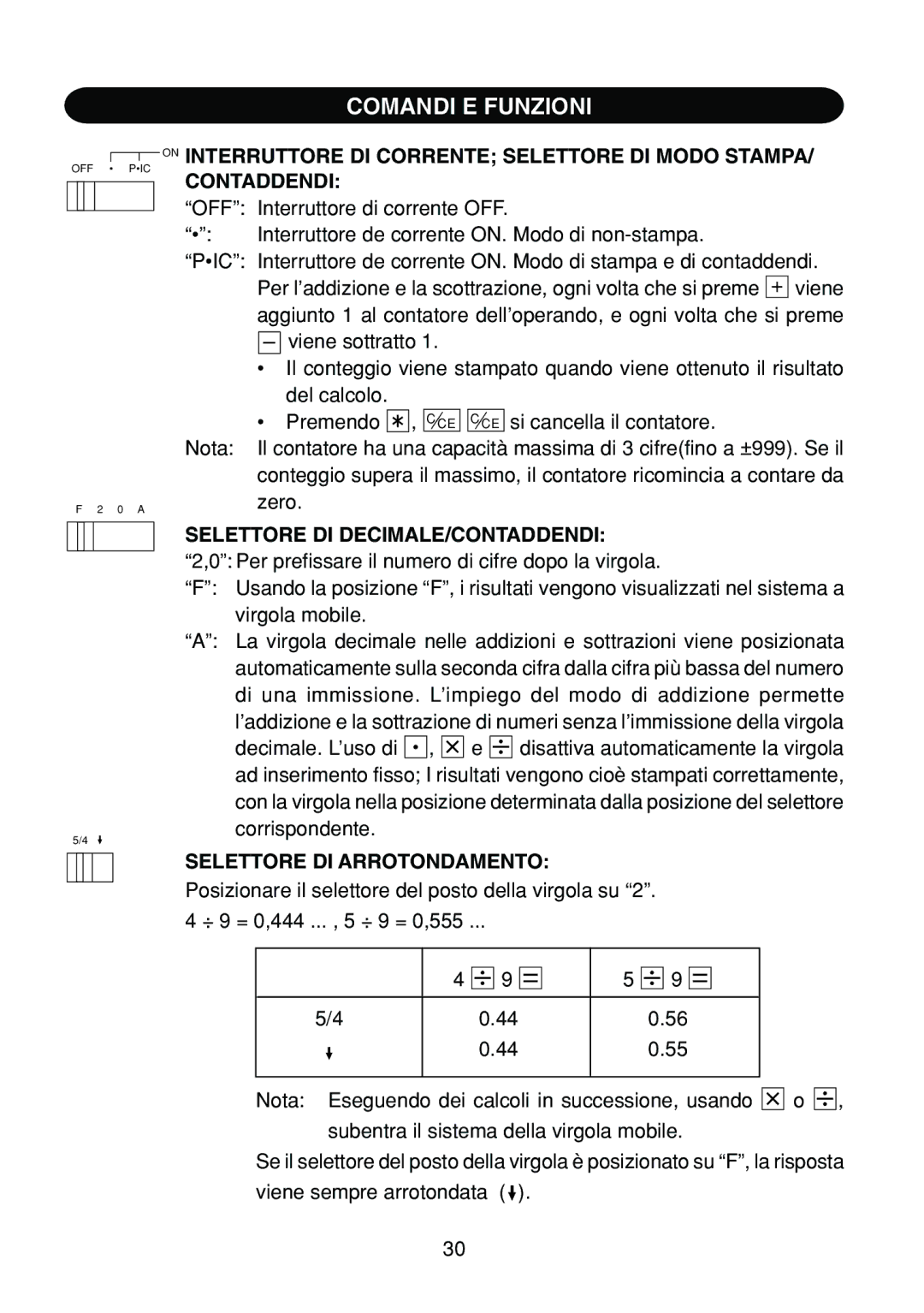 Sharp EL-1801C operation manual Comandi E Funzioni, On Interruttore DI Corrente Selettore DI Modo Stampa, Contaddendi 