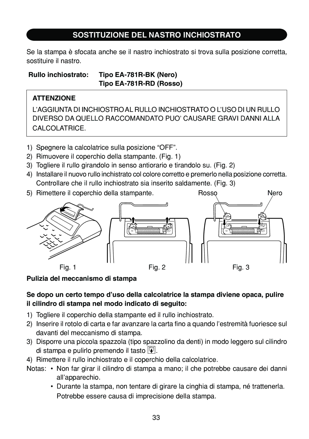 Sharp EL-1801C operation manual Sostituzione DEL Nastro Inchiostrato, Attenzione 