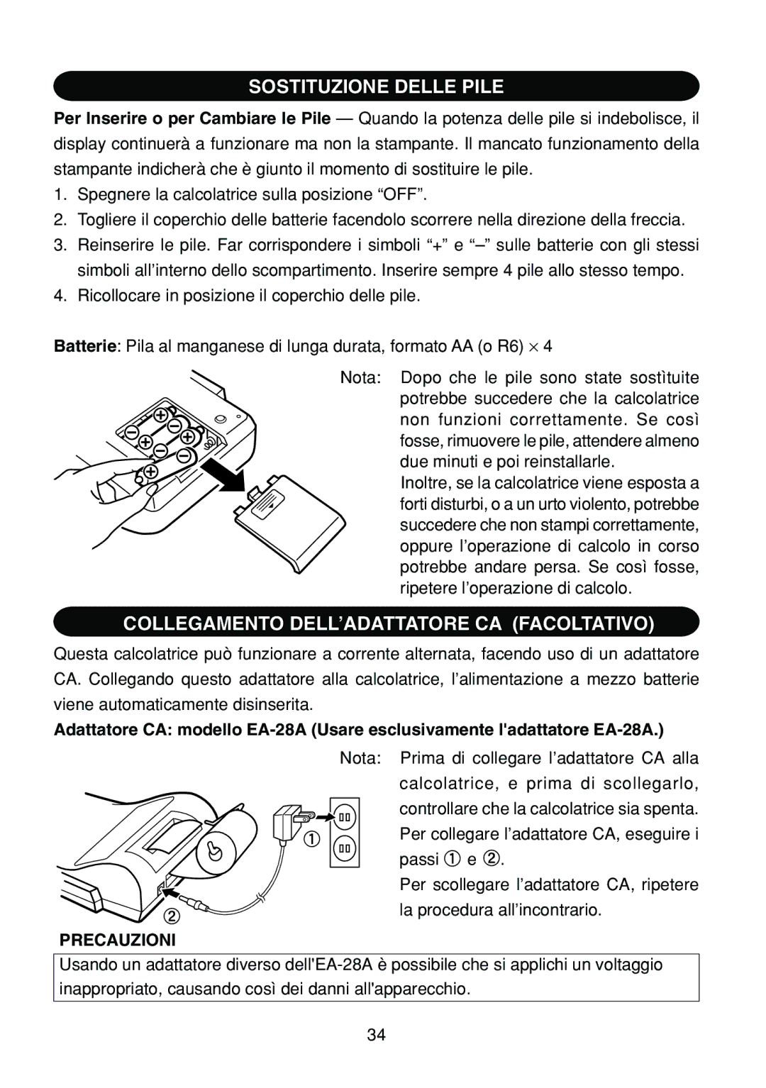 Sharp EL-1801C operation manual Sostituzione Delle Pile, Collegamento DELL’ADATTATORE CA Facoltativo, Precauzioni 