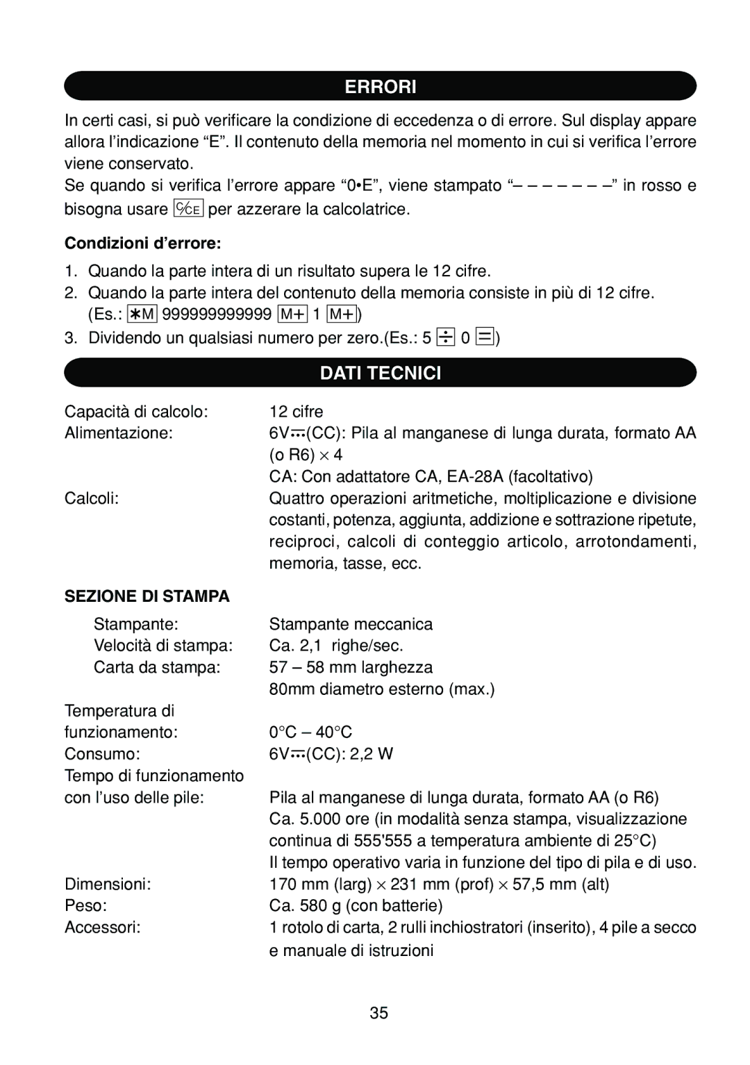 Sharp EL-1801C operation manual Errori, Dati Tecnici, Condizioni d’errore, Sezione DI Stampa 