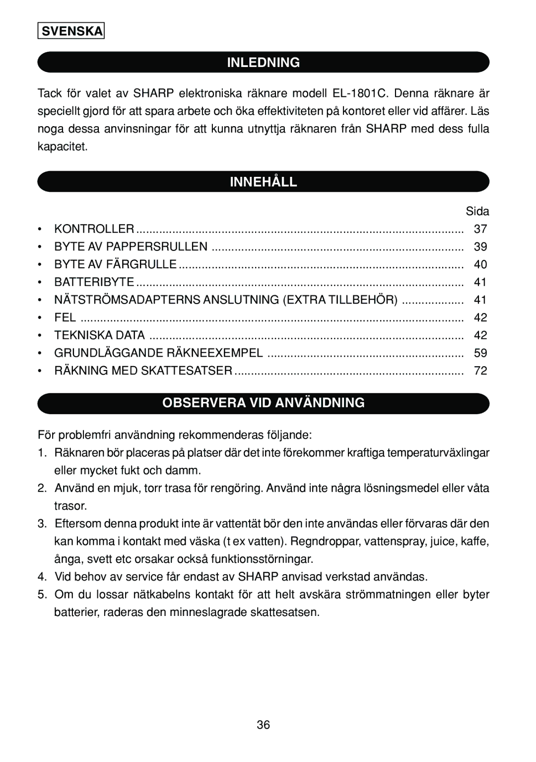 Sharp EL-1801C operation manual Inledning, Innehåll, Observera VID Användning, Svenska 