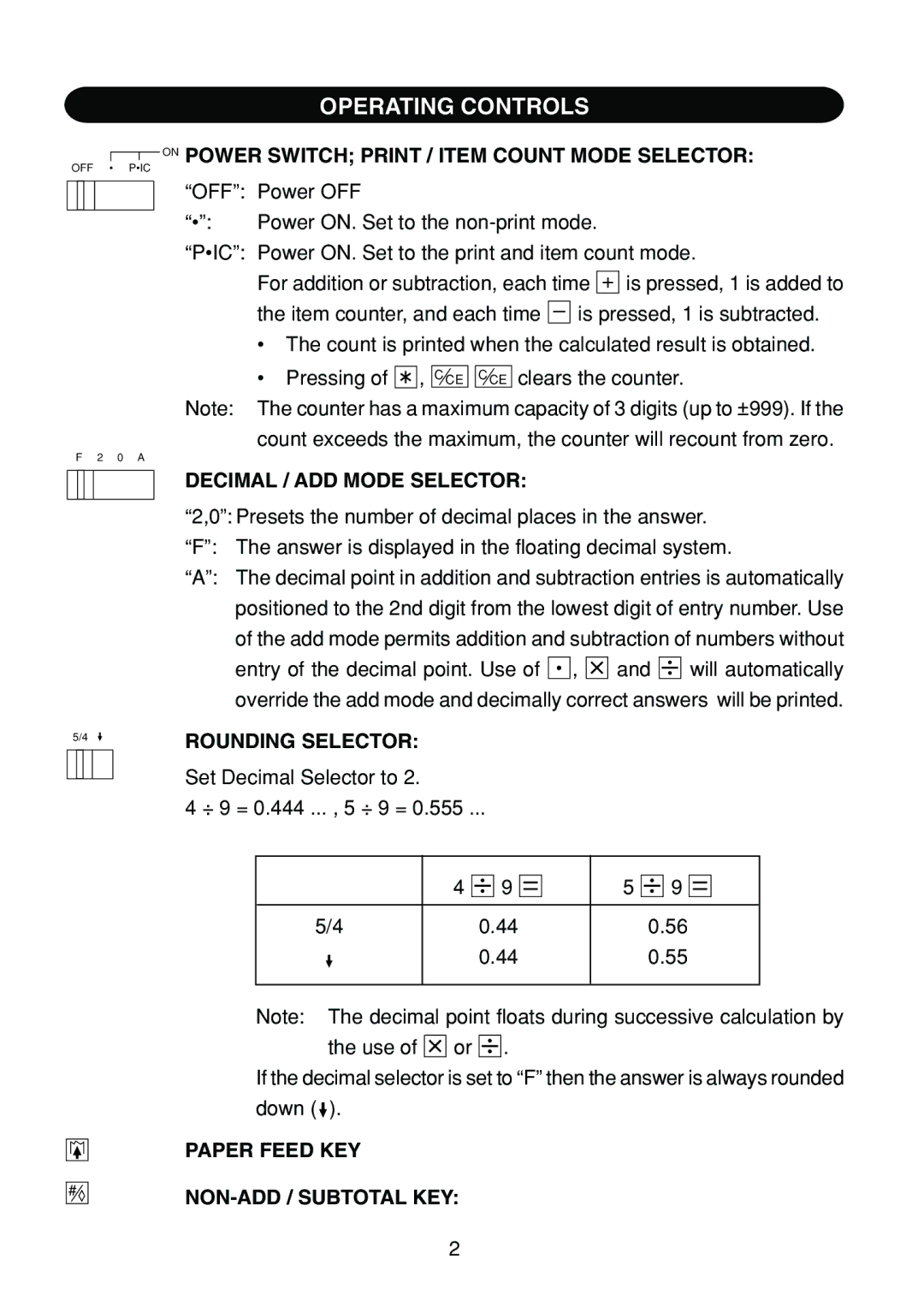 Sharp EL-1801C Operating Controls, On Power Switch Print / Item Count Mode Selector, Decimal / ADD Mode Selector 