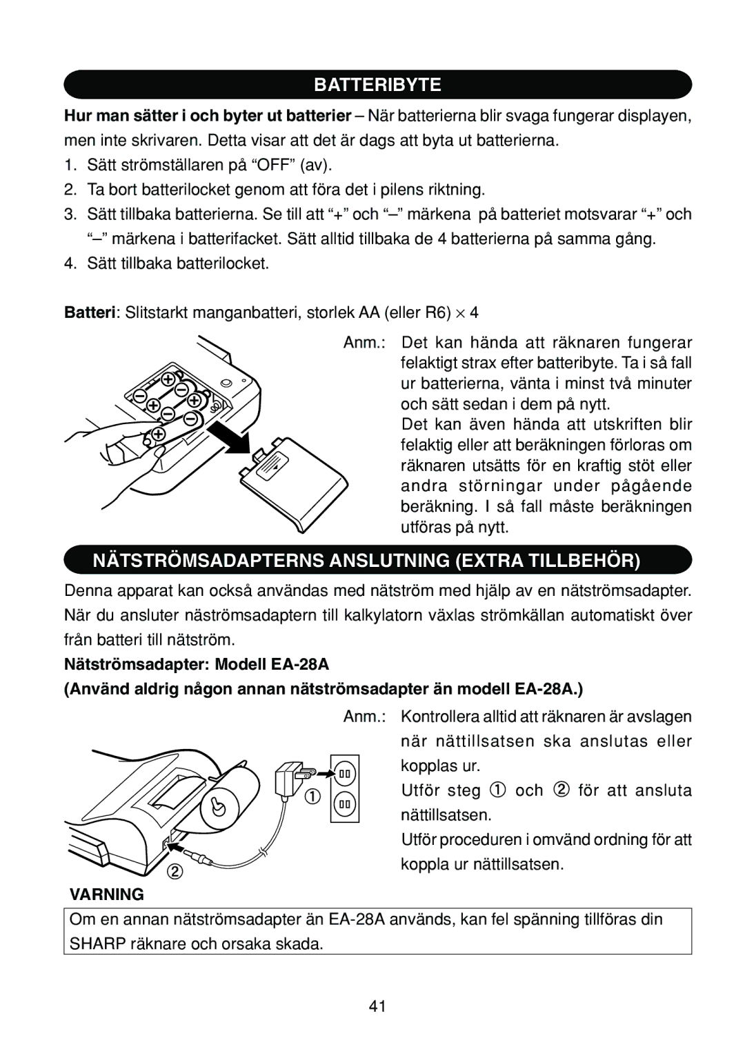 Sharp EL-1801C operation manual Batteribyte, Nätströmsadapterns Anslutning Extra Tillbehör 